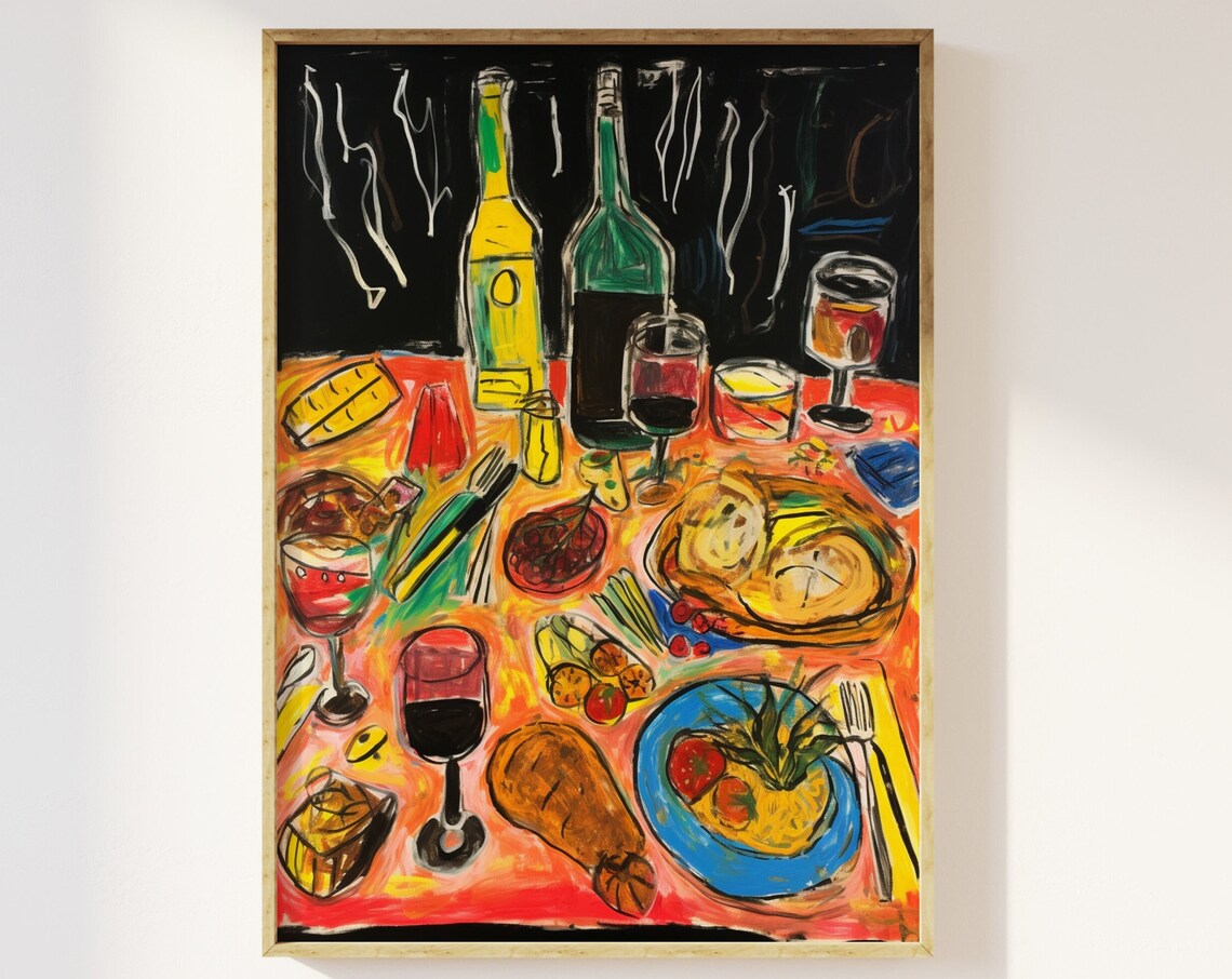 Dinner Table Food Sketch, Vintage Retro Kitchen Poster