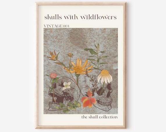 Skulls With Wildflowers Vintage Boho Gothic Bloom Floral Poster