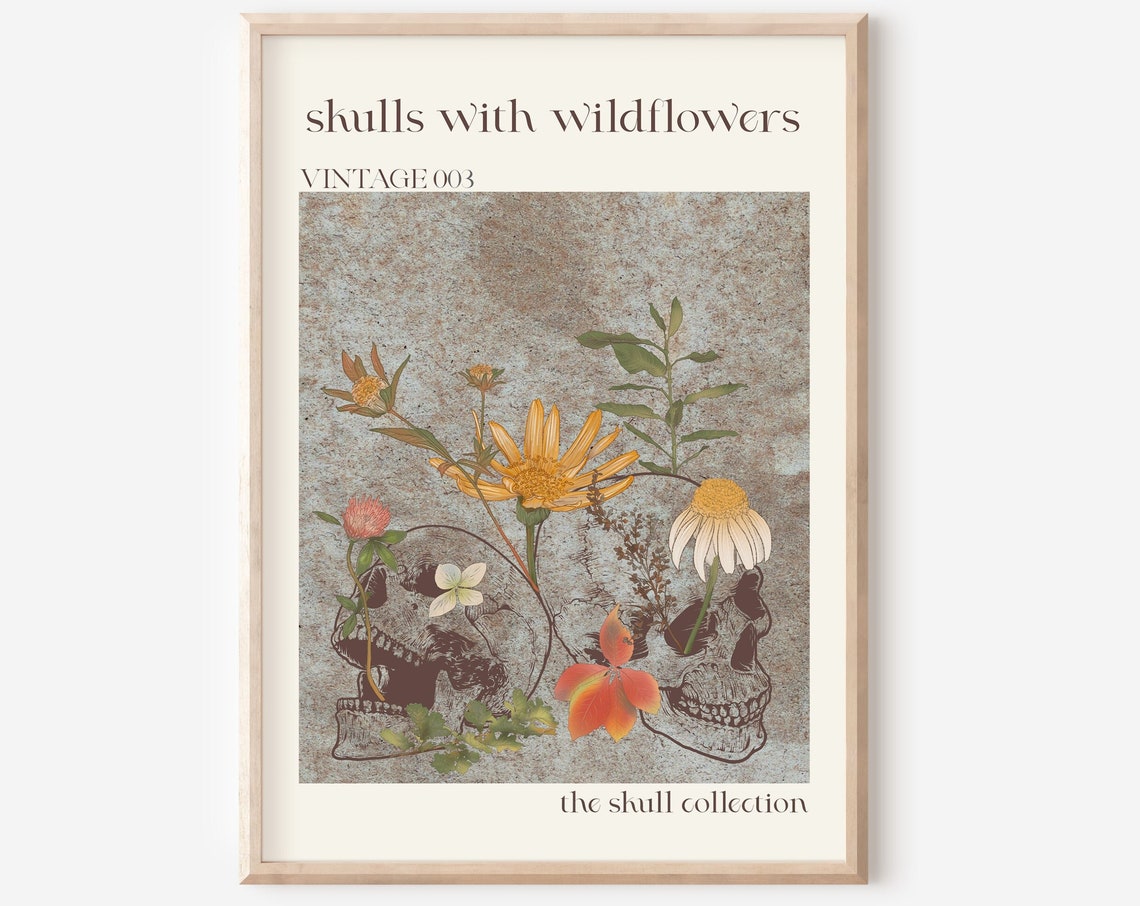 Skulls With Wildflowers Vintage Boho Gothic Bloom Floral Poster