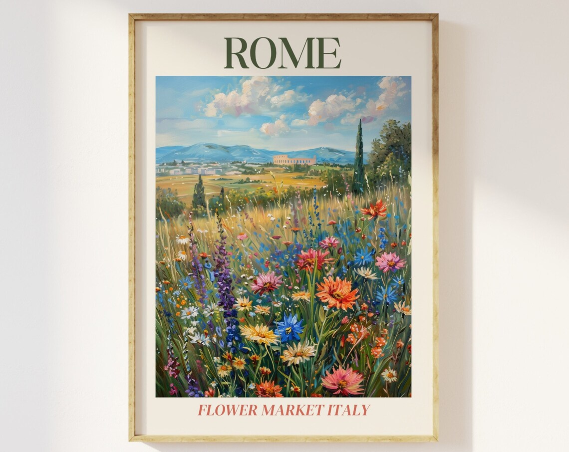 Rome Flower Market Italy Colorful Wildflower Meadow Travel Poster