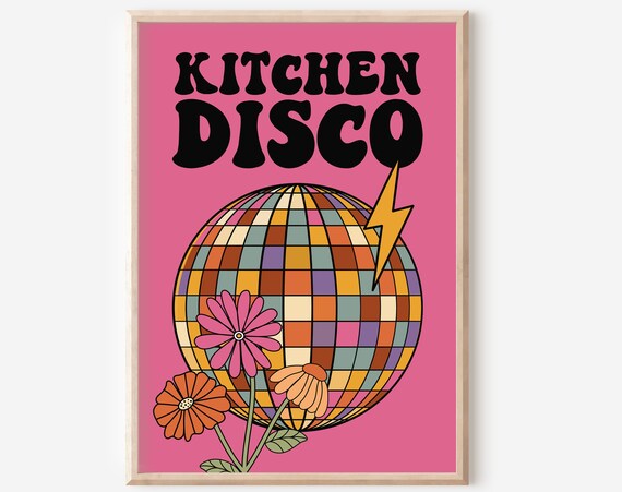 Kitchen Disco Retro Groovy Funky Disco Ball Flowers Art Poster