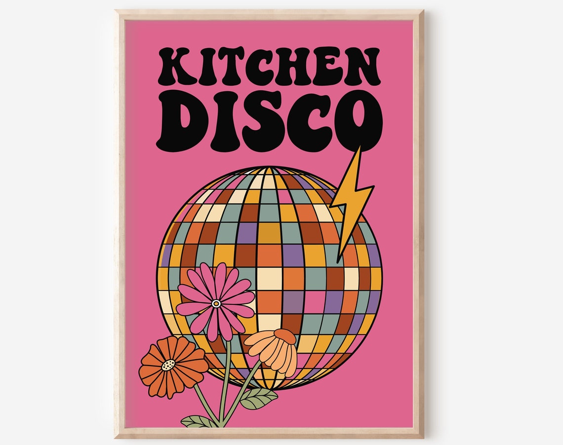 Kitchen Disco Retro Groovy Funky Disco Ball Flowers Art Poster