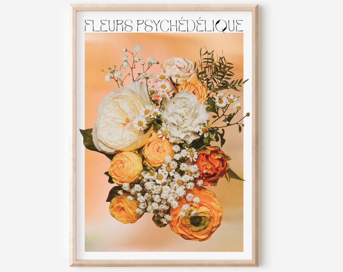 Fleurs Psychédéliques Retro Flower Bouquet Peach Daisy Poster