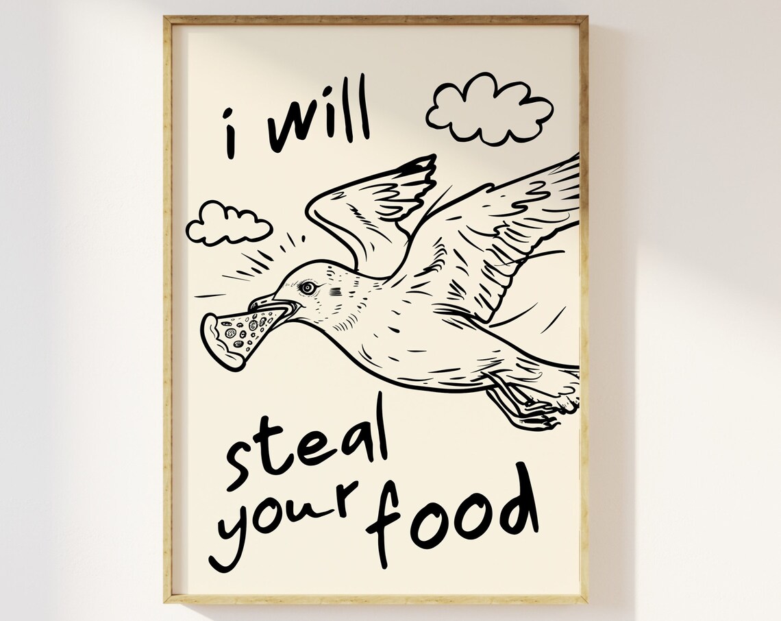 Funny Seagull Kitchen Poster, Retro Foodie Art