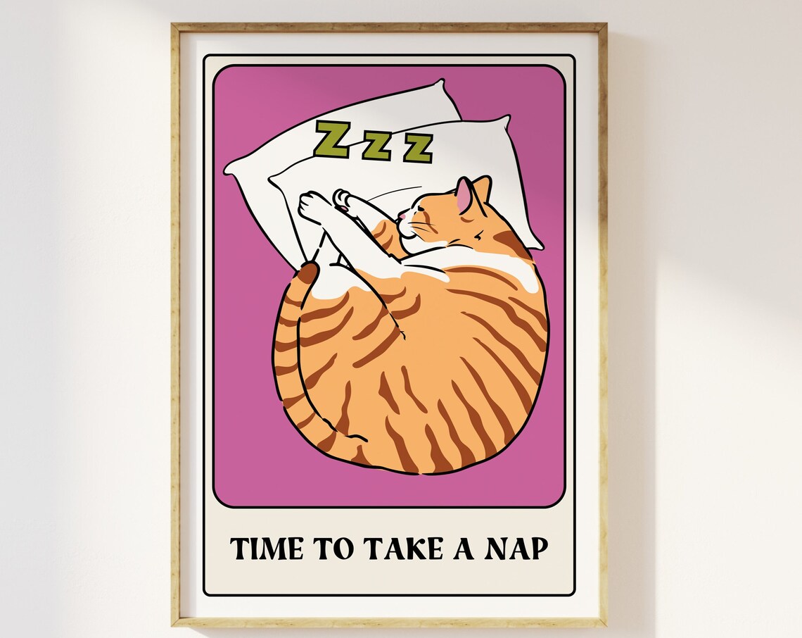 Cat Nap Tarot Card Style Art Print, Funky Retro