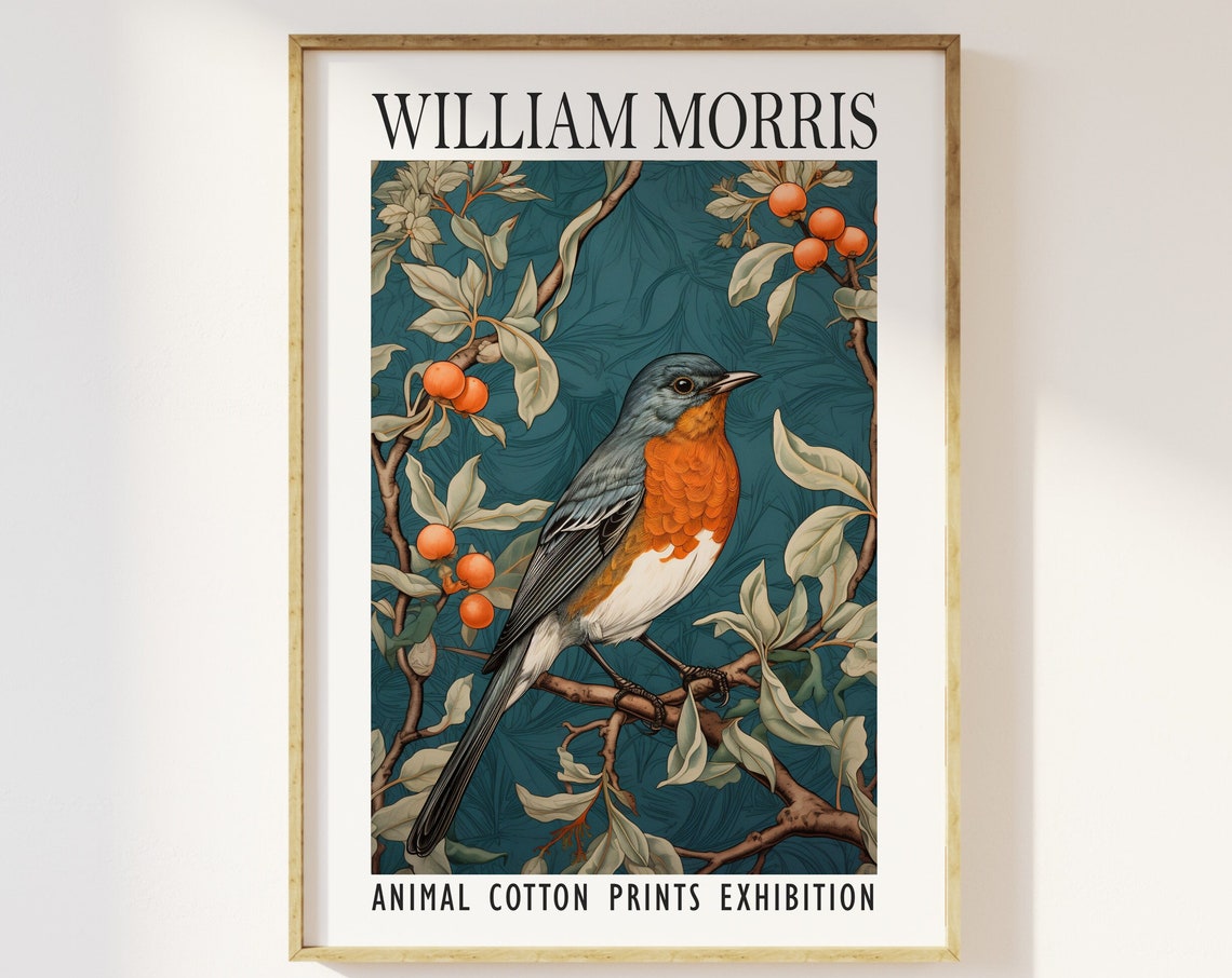 William Morris Robin Berry Branch Teal Animal Exhibition Poster