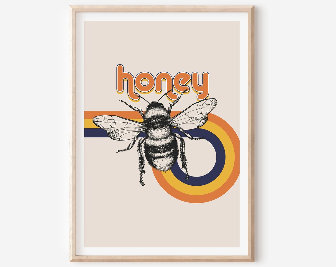 Retro Honey Bee Art Print, Groovy 60s 70s Decor
