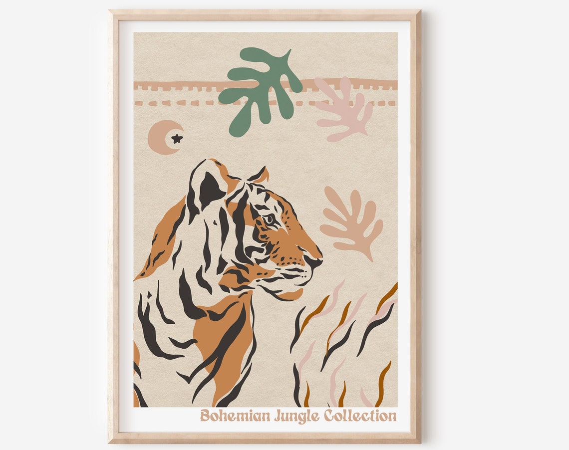 Boho Tiger Bohemian Jungle Nursery Decor Retro Wildcat Poster