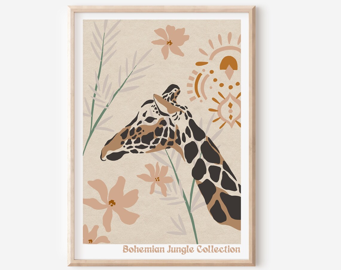 Boho Giraffe Print, Bohemian Nursery Jungle Decor