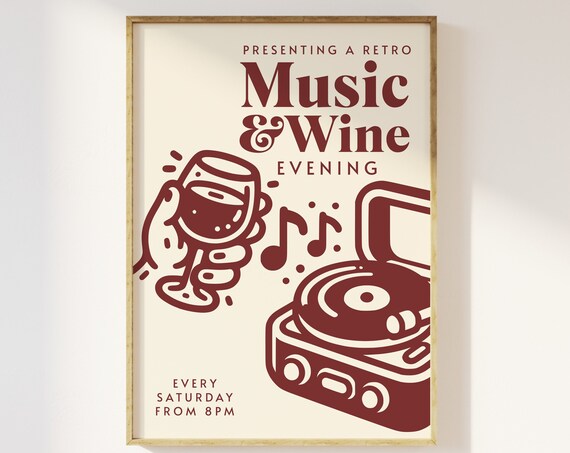 Retro Music And Wine Evening Groovy Vinyl Record Player Bar Poster