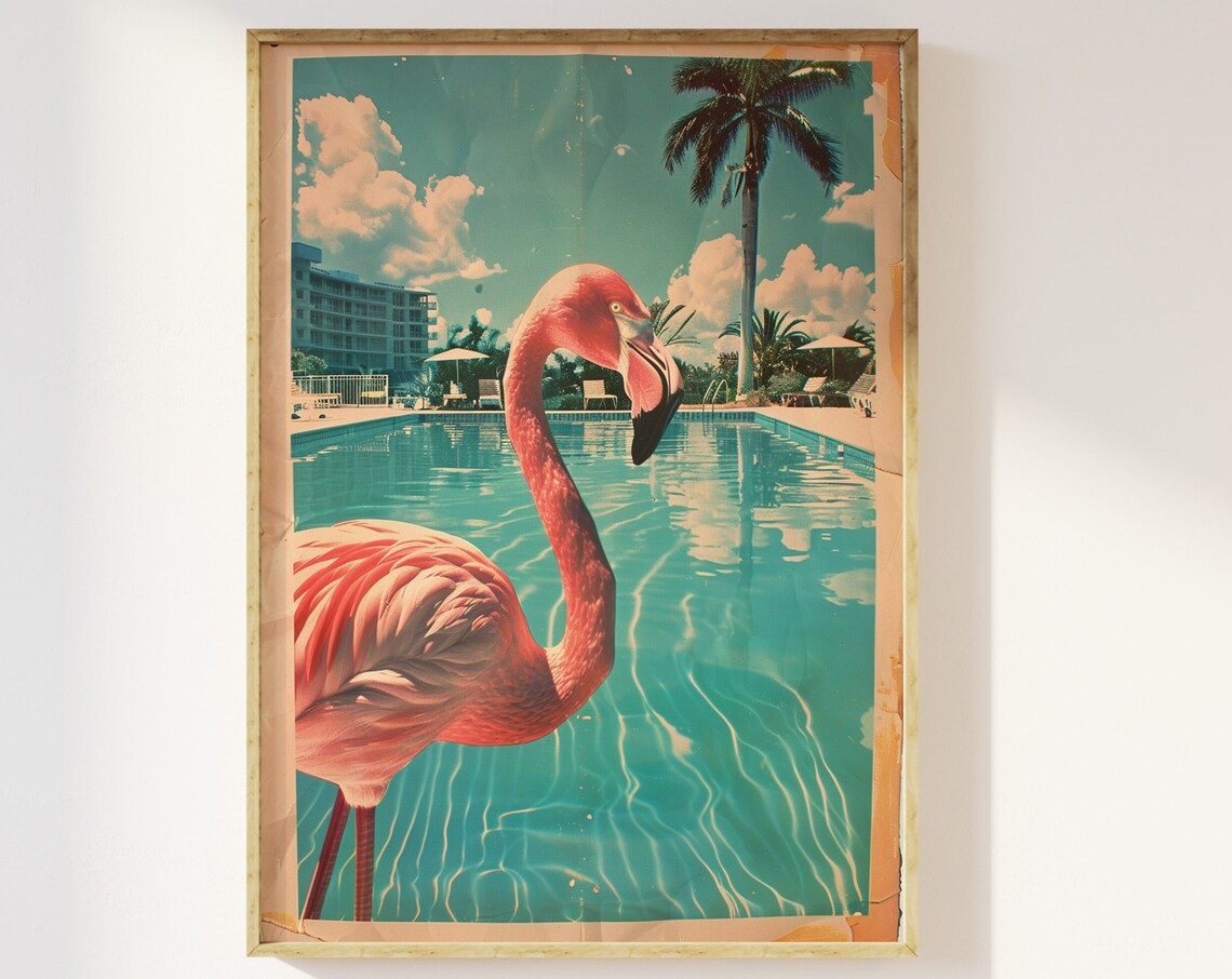 Vintage Flamingo in Miami, Tropical Bird Art Print