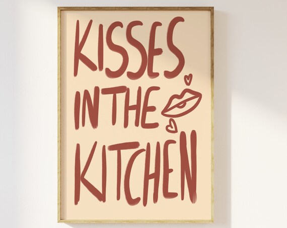 Kisses In The Kitchen Hand Drawn Beige And Red Kitchen Print Kisses For The Chef Retro Modern Trendy Cute Typography Cafe Diner Food Art
