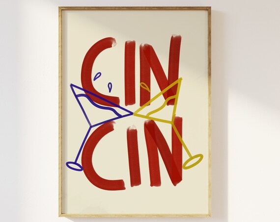 Cin Cin Cheers Clinking Cocktail Glasses Red Bar Cart Poster