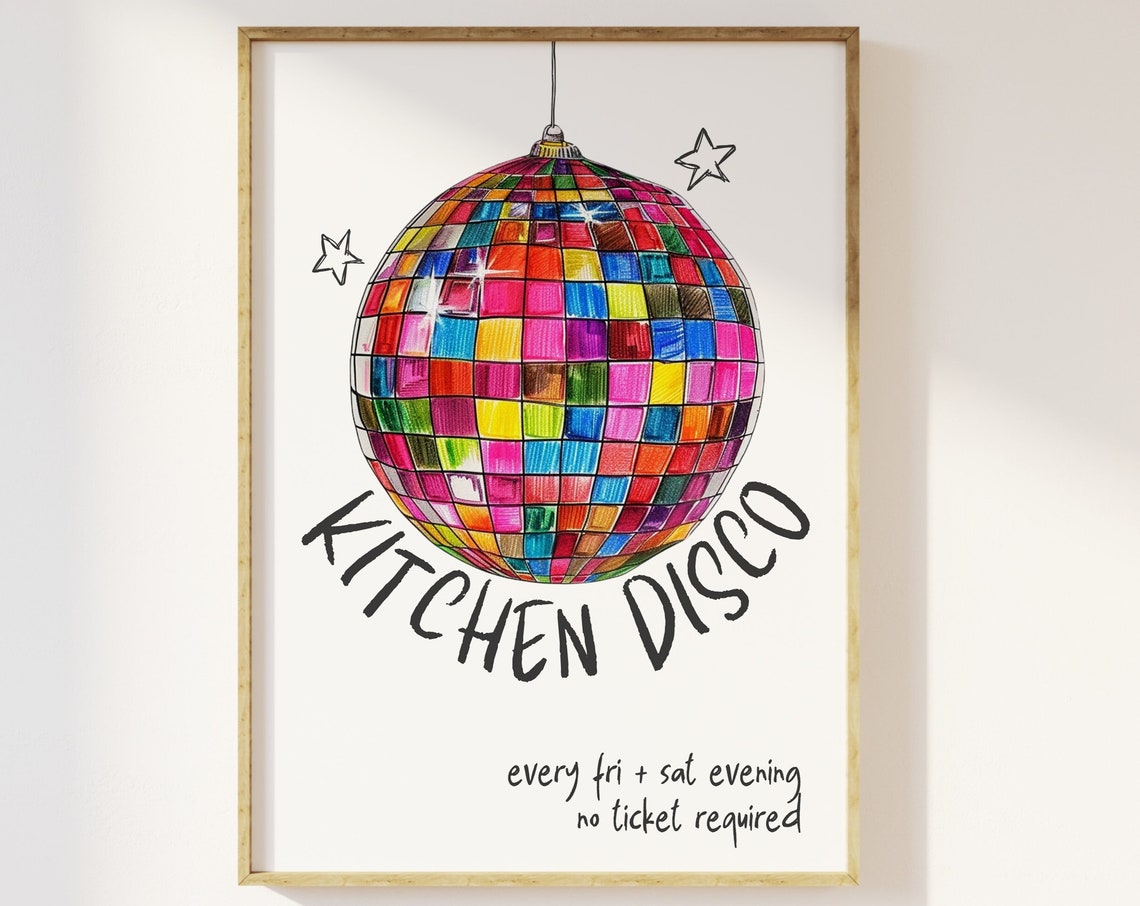 Kitchen Disco Ball Colorful Groovy Retro Kitchen Fun Party Poster
