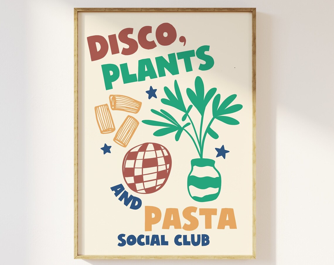Retro Social Club Poster, Disco Plants and Pasta