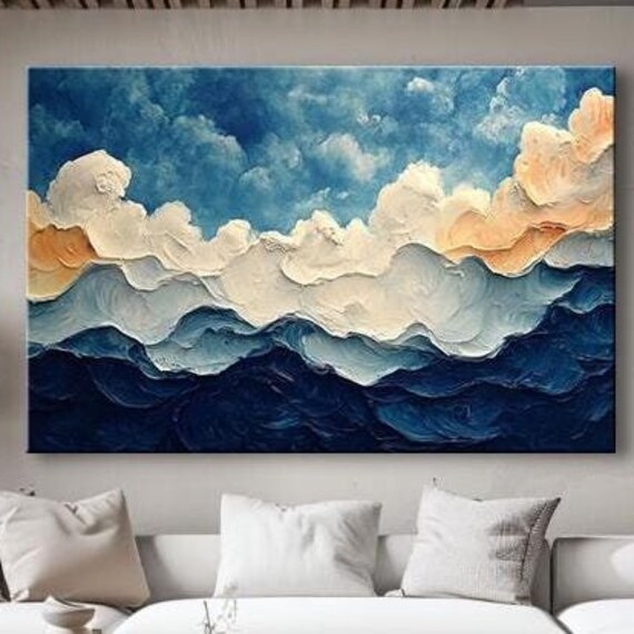 Deep Blue Ocean Waves White Foam Abstract 3D Impasto Wall Art