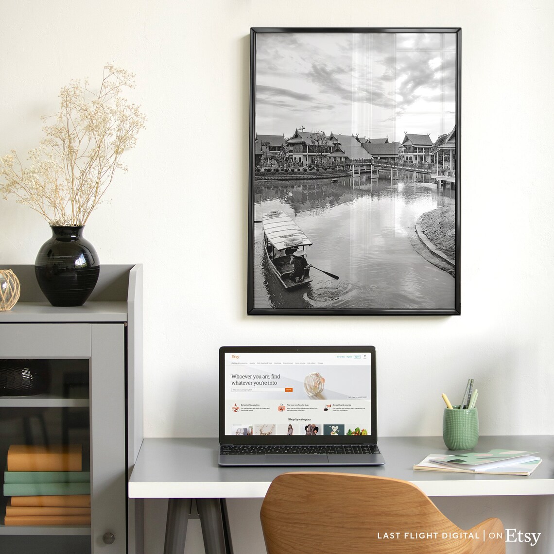 Thailand Pattaya Riverside Village Boat Scene Black White Poster - Image 2