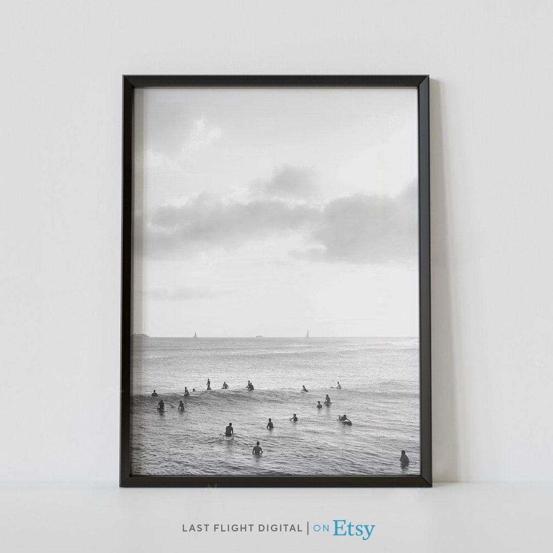 Hawaii Honolulu Surfers Waiting Ocean Waves Black White Poster