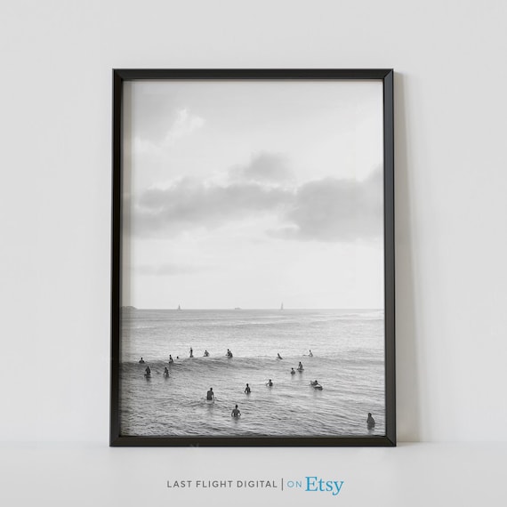 Hawaii Print Honolulu Poster Hawaii Poster Honolulu Print Island Tropical Black White Photo Beach Surfer Print Ocean Waves Surfing