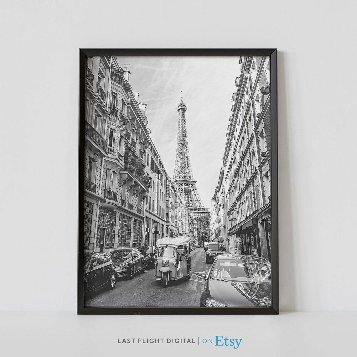 France Paris Eiffel Tower Street Scene Tuk Tuk Black White Poster