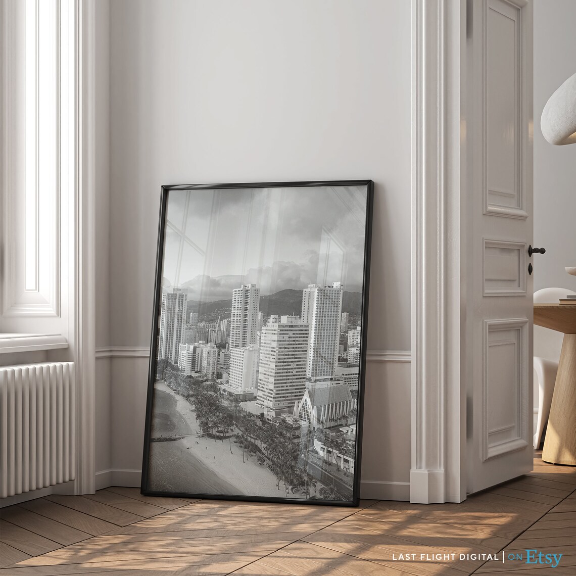 Honolulu Hawaii Waikiki Beach Hotels Coastline Black White Poster - Image 3