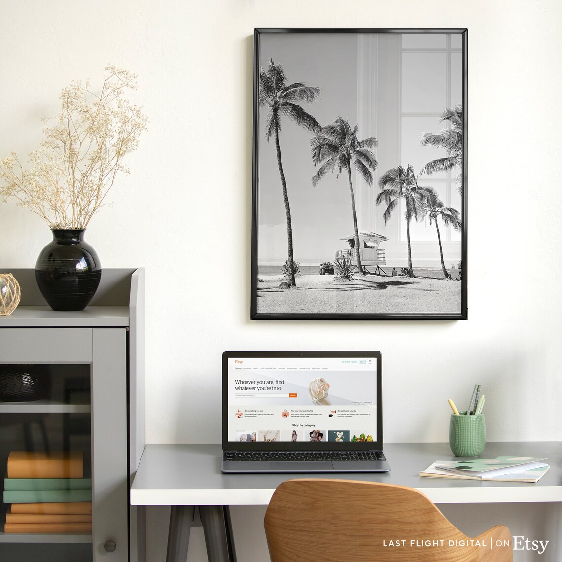 Hawaii Beach Palm Trees Lifeguard Tower Island Black White Poster - Image 2