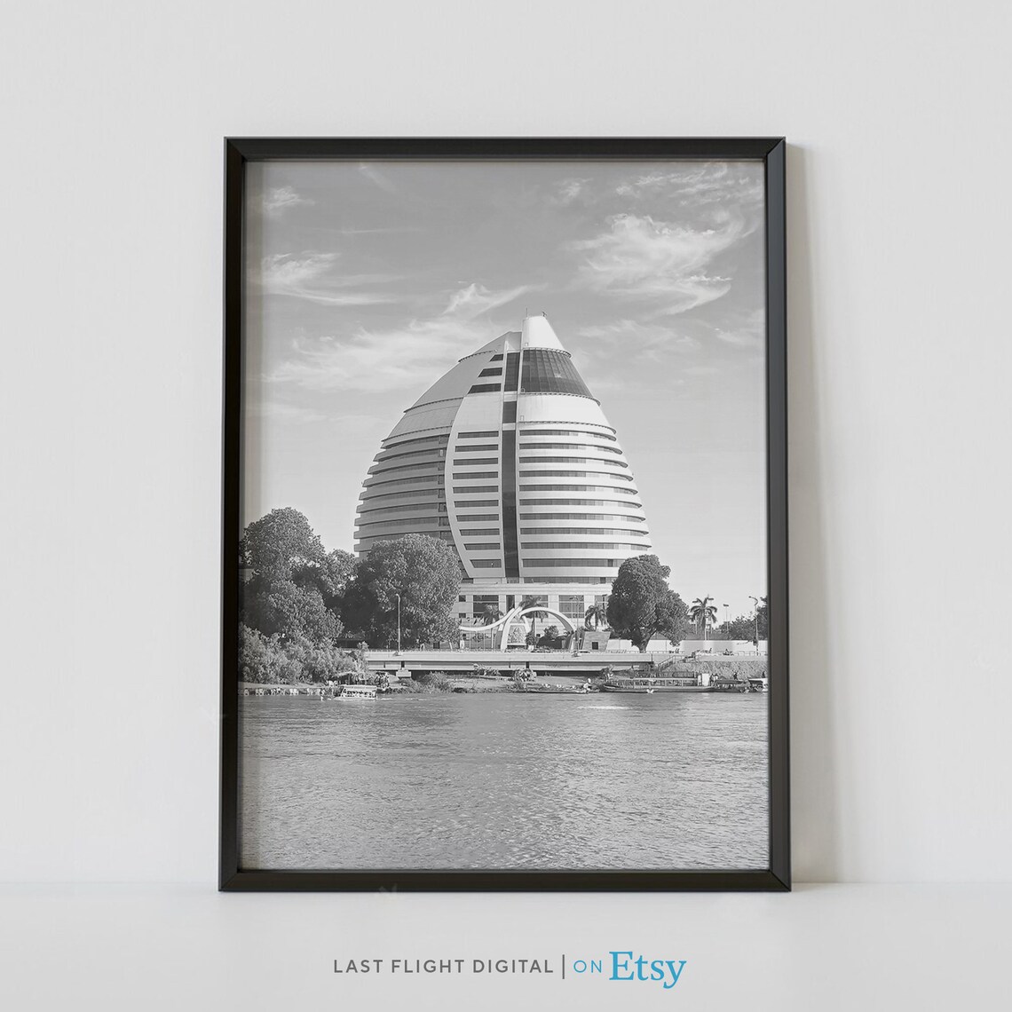 Khartoum Sudan Burj Al Fateh Tower Nile River Black And White Poster