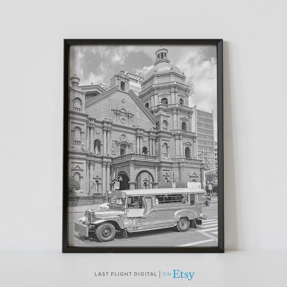 Philippines Poster Manila Print Minor Basilica Skyline Cityscape Manila Poster Philippines Print Black White Photo Downtown Church
