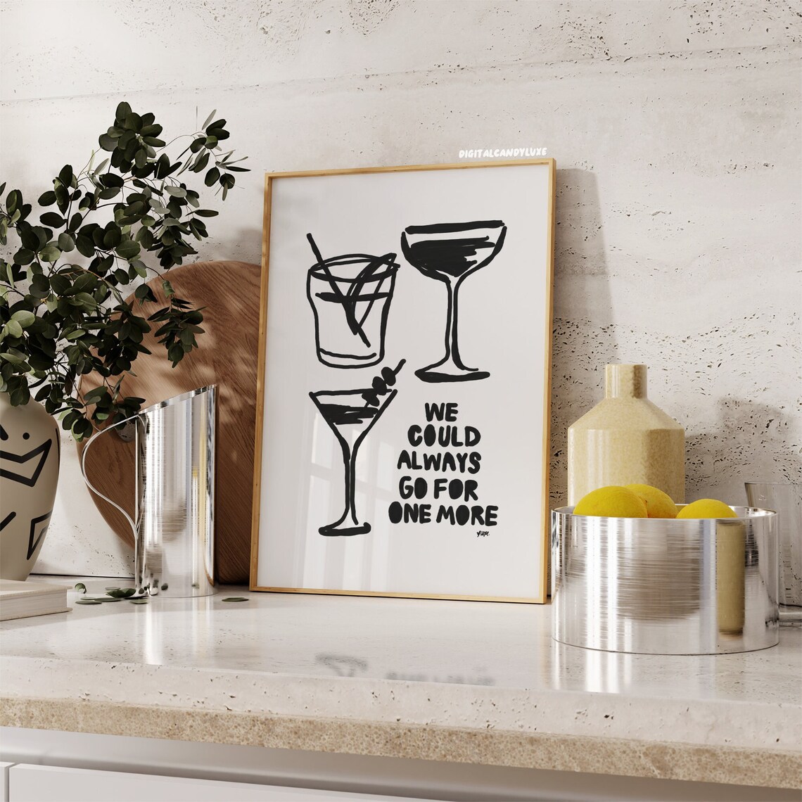 Bar Cart Trendy Kitchen Poster, Black-and-White Decor