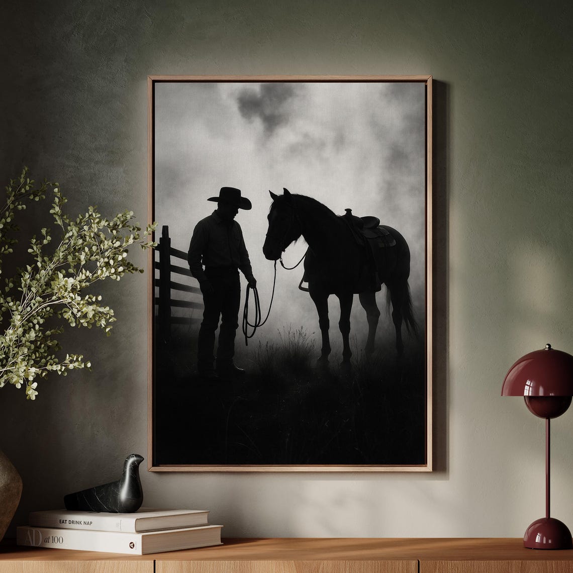 Cowboy And Horse Silhouette, Western Noir Ranch Art Print
