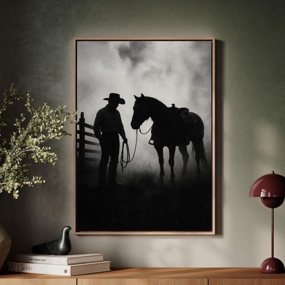 Cowboy And Horse Silhouette, Western Noir Ranch Art Print
