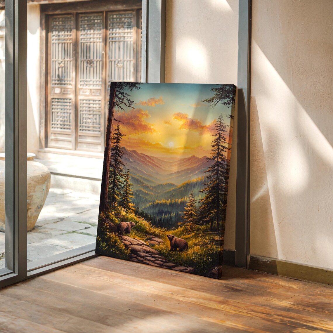 Two Bears Wandering in Golden Sunset Forest Valley Mountain Poster