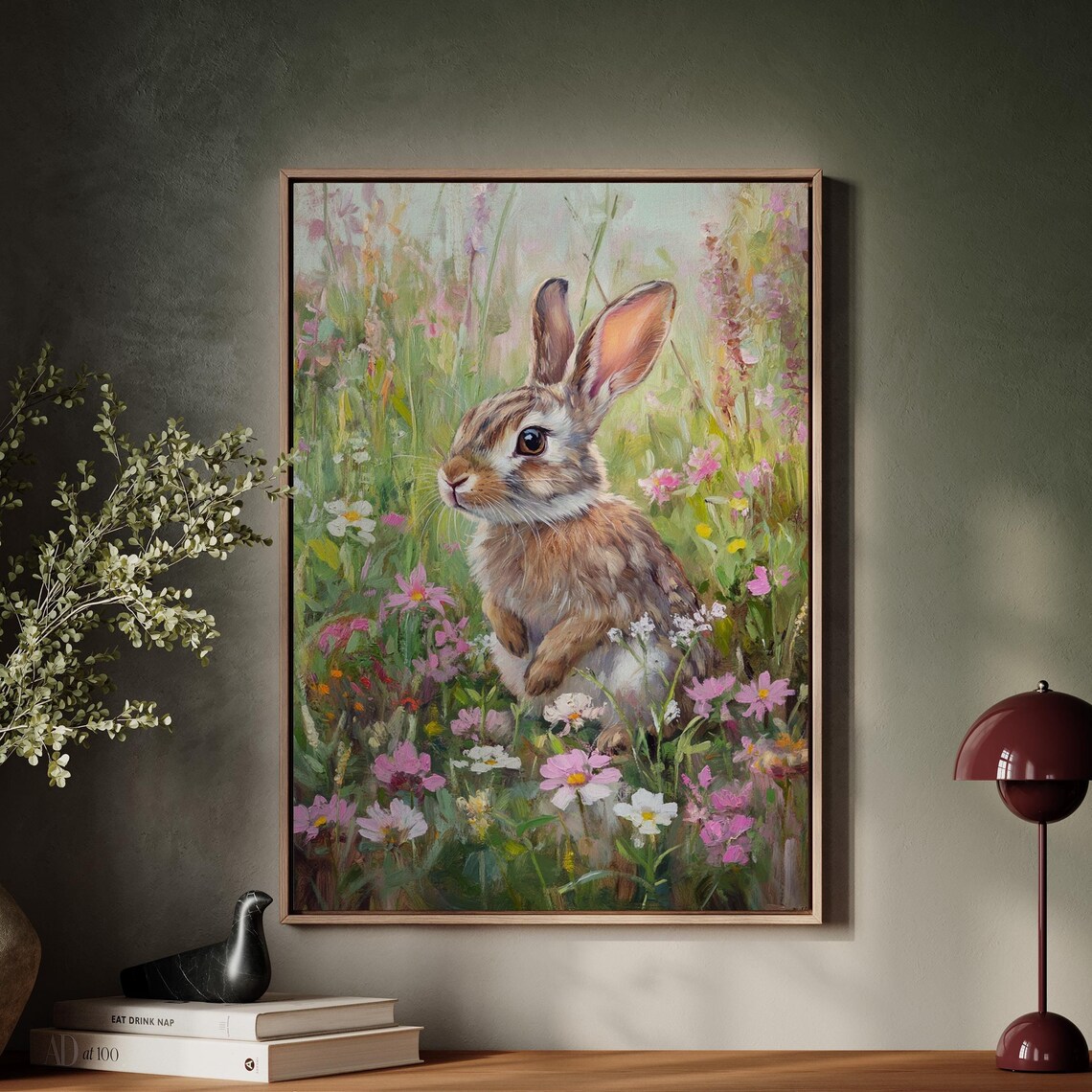 Sweet Bunny In Wildflower Meadow Whimsical Animal Painting Print