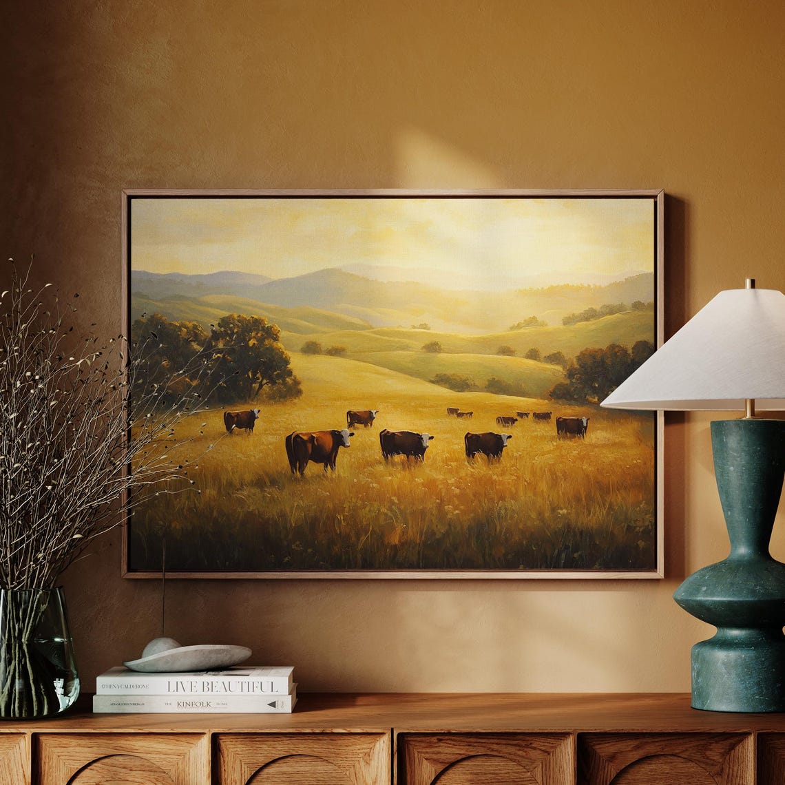 Rustic Cattle Grazing Sunset Pasture Western Farmhouse Wall Art Print