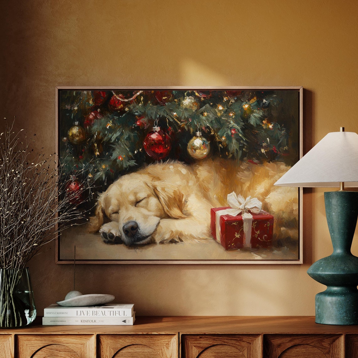 Golden Retriever Puppy Sleeping Under Christmas Tree Gift Poster