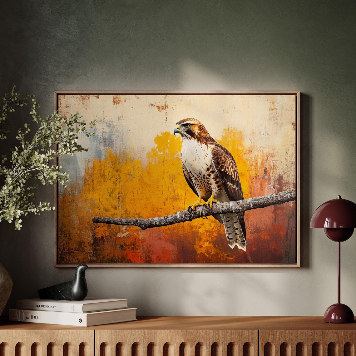Majestic Hawk On Branch Bold Wildlife Wall Art Print With Vibrant Autumn Textured Background