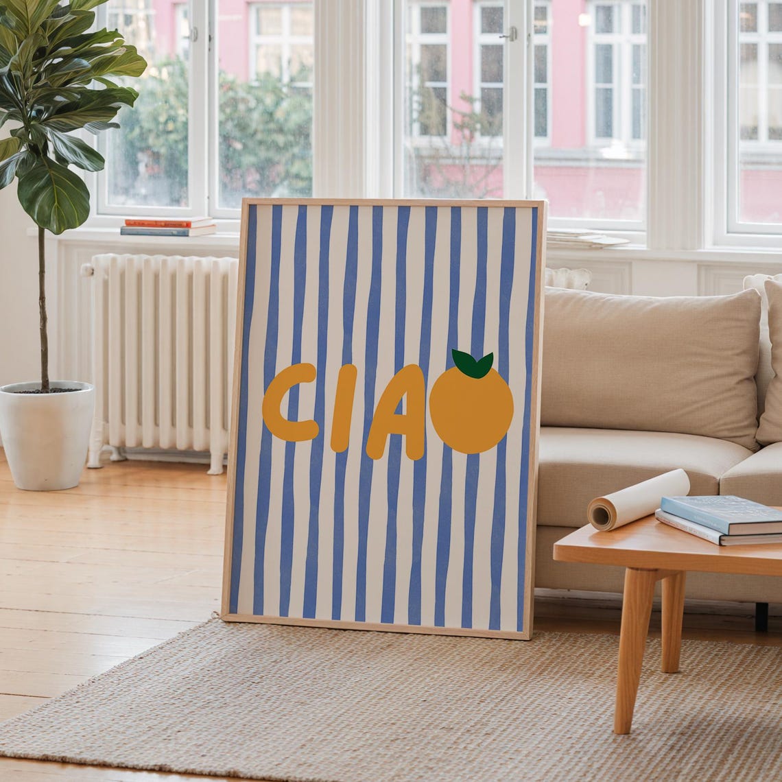 Ciao Italian Greeting Orange Fruit Lettering Blue Stripe Style Poster
