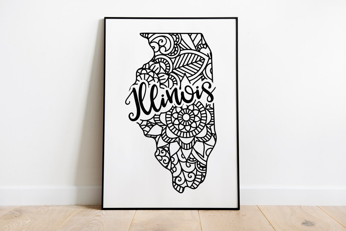 Illinois Mandala State Map Zentangle Outline Minimalist Wall Art