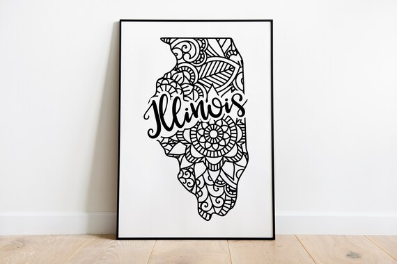Illinois Mandala State Map Zentangle Outline Minimalist Wall Art