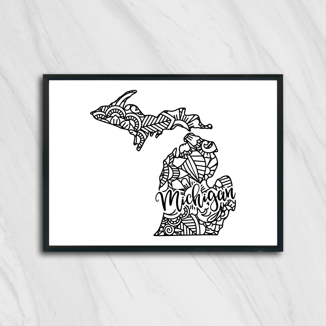 Michigan Floral Mandala State Outline Map Black White Home Decor Poster - Image 2