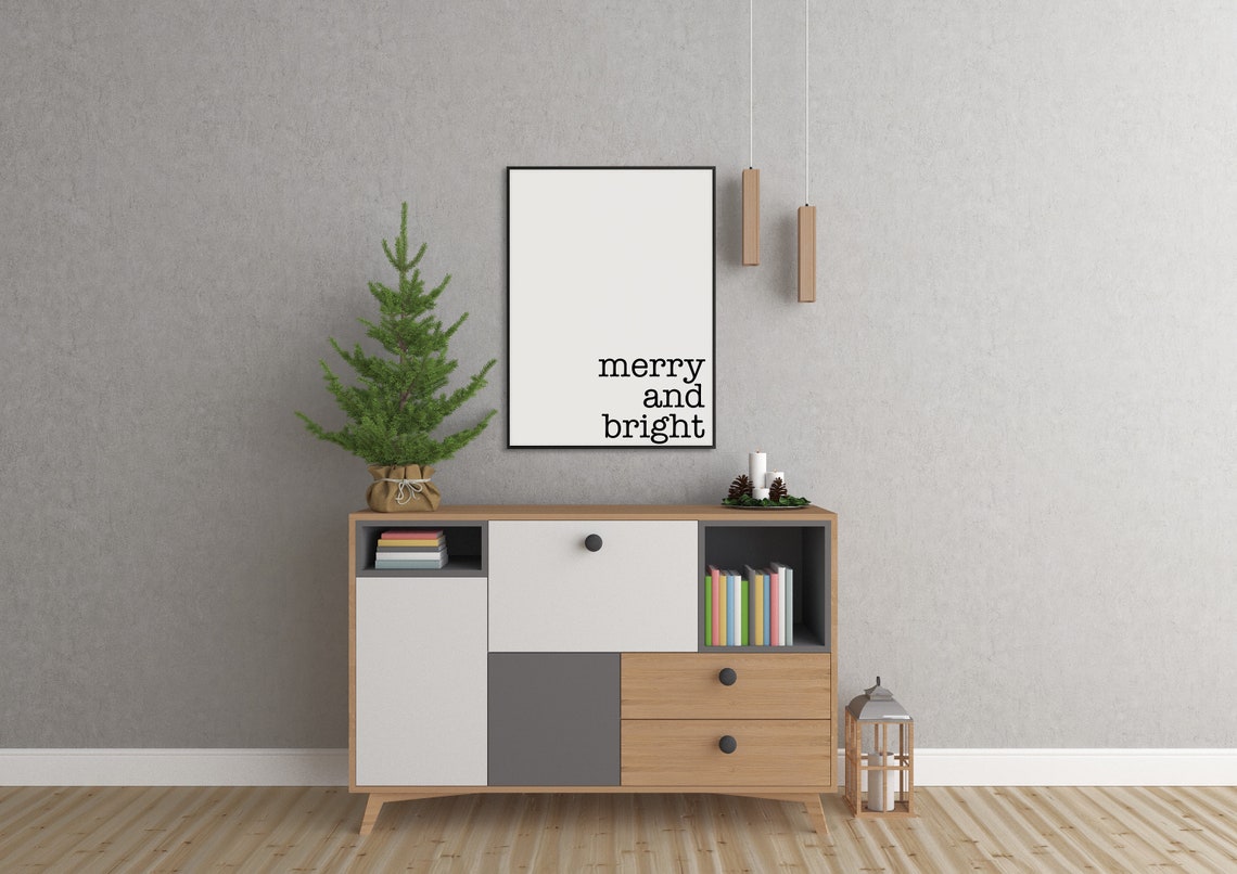 Merry and Bright Minimalist Christmas Word Print Black White Decor - Image 2