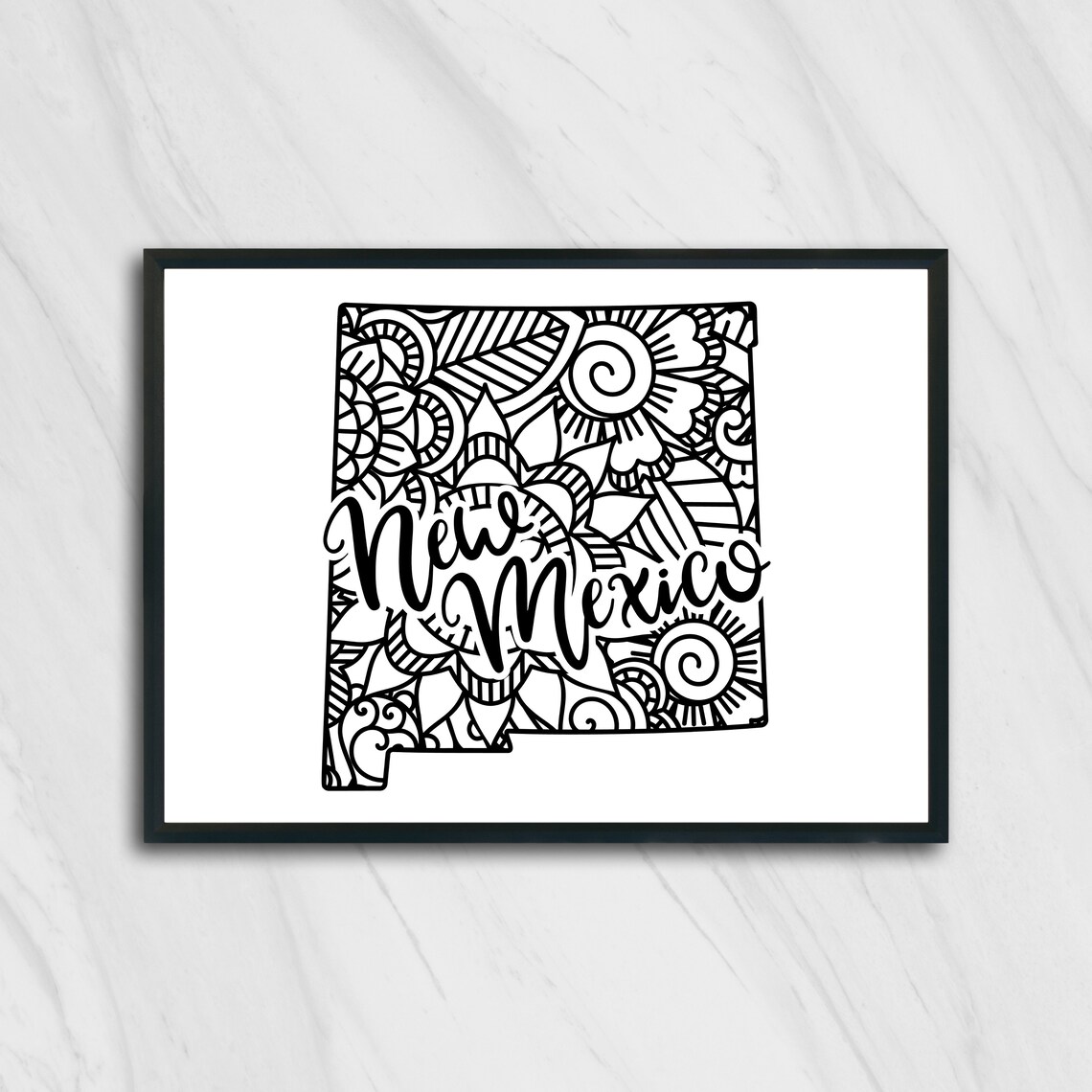 New Mexico Floral Mandala State Outline Map Black White Home Decor Poster - Image 2