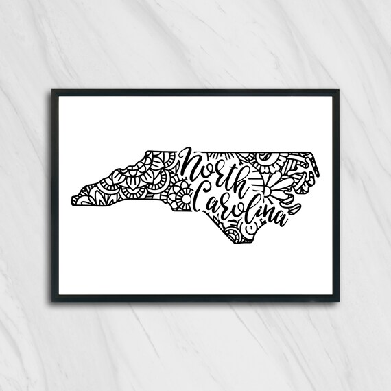 North Carolina Floral Mandala State Outline Map Black White Home Decor Poster