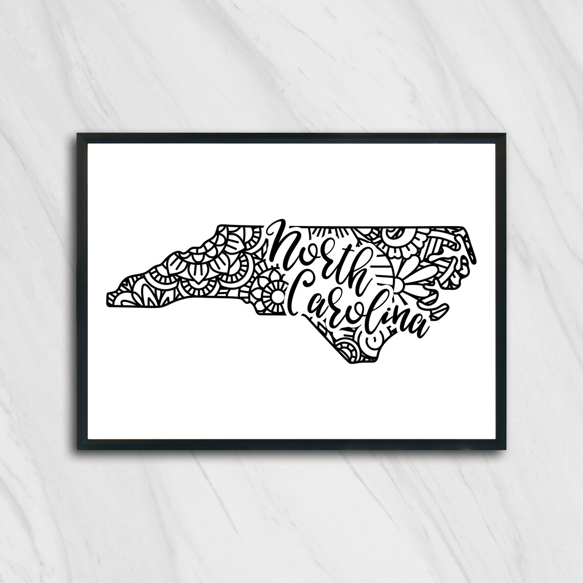 North Carolina Floral Mandala State Outline Map Black White Home Decor Poster