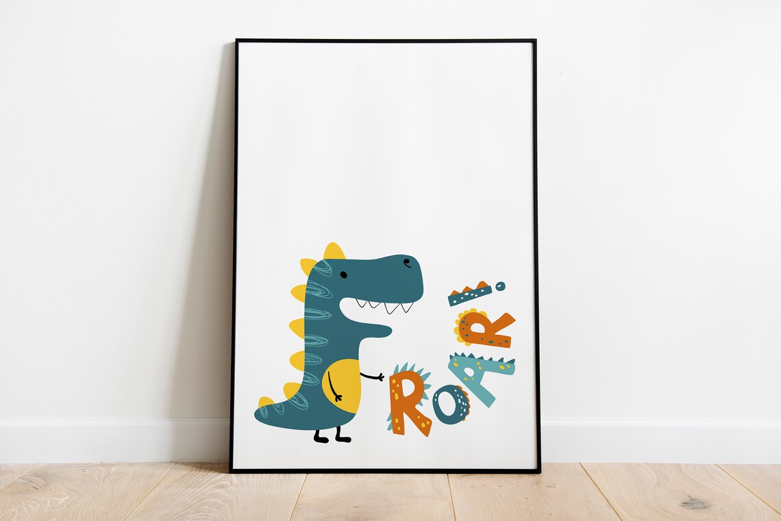 Cute Teal Dinosaur Roar Kids Nursery Playroom Colorful Poster