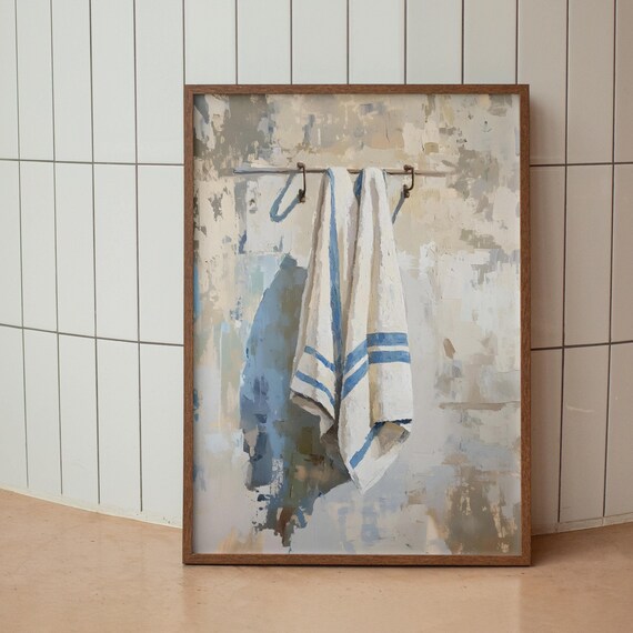 Blue White Striped Towels Art Print, Bathroom Decor