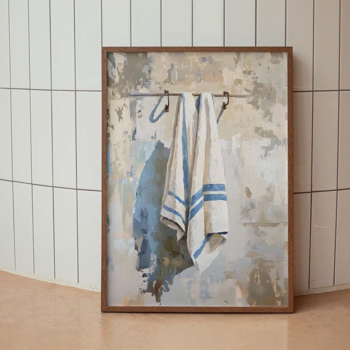 Blue White Striped Towels Art Print, Bathroom Decor