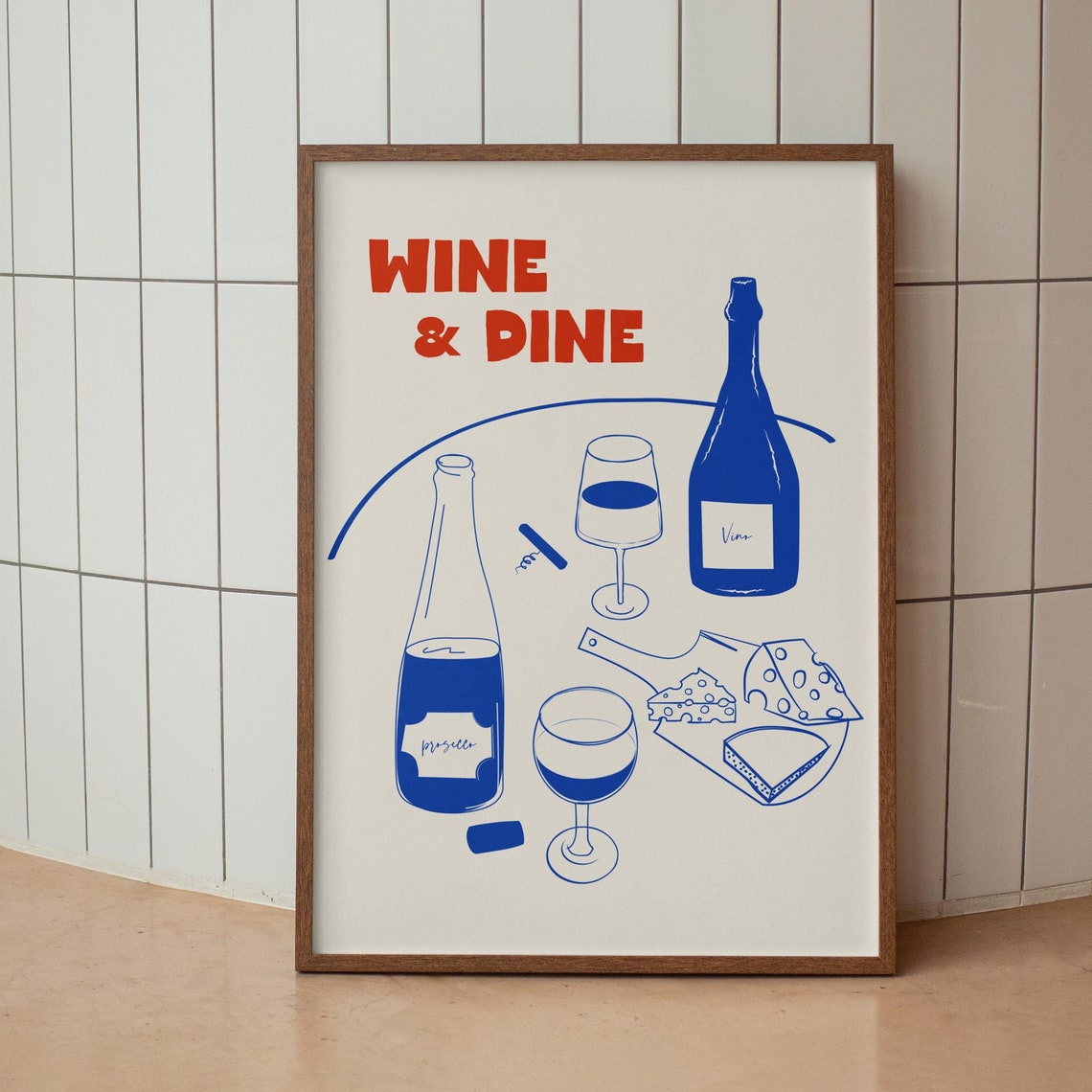 Wine And Dine Red Blue Prosecco Cheese Plate Kitchen Wall Art