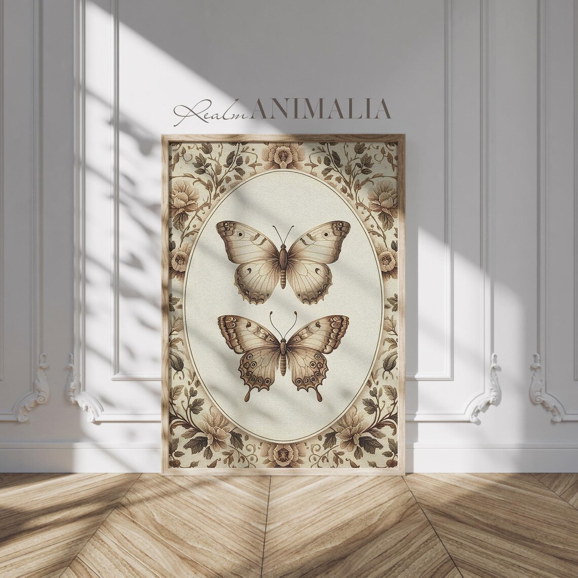 Two Vintage Butterflies Oval Medallion Neutral Tapestry Poster - Image 3
