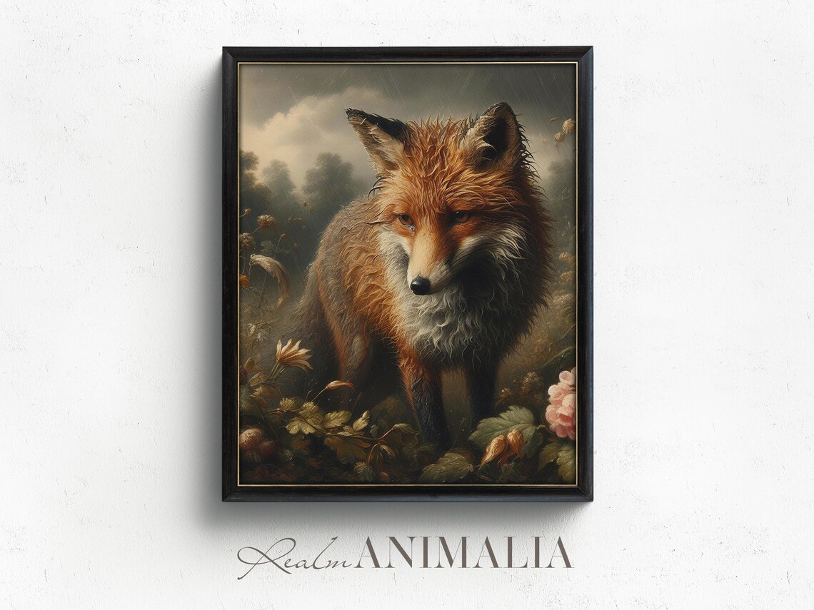 Red Fox In The Rain Moody Wildflower Meadow Vintage Animal Wall Art Print - Image 4